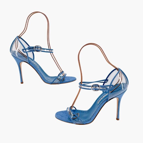 Manolo Blahnik Fersen PVC Sandals Size 40 US 10 Blue Suede High Heels Clear 105 - Picture 9 of 15